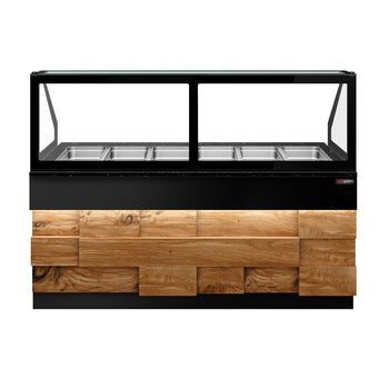 Witryna grzewcza TORONTO - 2100 mm - drewniany panel przedni - dla 6x GN 1/1 - blat roboczy kuchenny z czarnego granitu - Prime Gastro