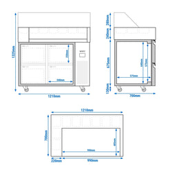 Stół przygotowawczy – 1210 mm – 4 szuflady – na 9 pojemników GN 1/6 – wraz z naleśnikarką z 2 płytami