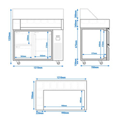 Stół do przygotowywania posiłków – 1210 mm – 1 drzwi i 2 szuflady – na 9 pojemników GN 1/6 – w zestawie grill do kiełbasek / grill do hot dogów i podgrzewacz