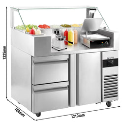 Stół chłodniczy sałatkowy - 1210x700mm - z drzwiami i 2 szufladami - na 9x GN 1/6 - z nadstawką szklaną