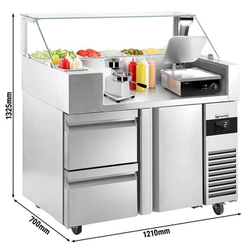 Stół chłodniczy sałatkowy - 1210x700mm - z drzwiami i 2 szufladami - na 9x GN 1/6 - z nadstawką szklaną