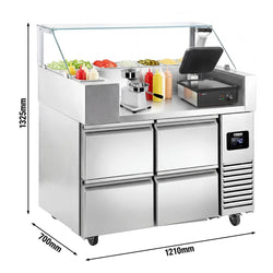 Stół chłodniczy sałatkowy - 1210x700mm - z 4 szufladami - na 9x GN 1/6 - z nadstawką szklaną