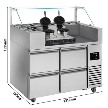 Stół przygotowawczy – 1210 mm – 4 szuflady – na 9 pojemników GN 1/6 – w zestawie gofrownica – kształt serca