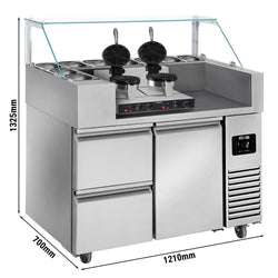 Stół przygotowawczy – 1210 mm – 1 drzwi i 2 szuflady – na 9 pojemników GN 1/6 – w zestawie gofrownica – kształt serca