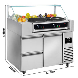 Stół przygotowawczy – 1210 mm – 1 drzwi i 2 szuflady – na 9 pojemników GN 1/6 – w zestawie naleśnikarka z 2 płytami