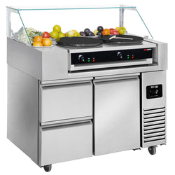 Stół przygotowawczy – 1210 mm – 1 drzwi i 2 szuflady – na 9 pojemników GN 1/6 – w zestawie naleśnikarka z 2 płytami