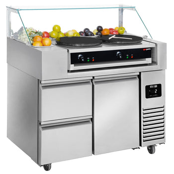 Stół przygotowawczy – 1210 mm – 1 drzwi i 2 szuflady – na 9 pojemników GN 1/6 – w zestawie naleśnikarka z 2 płytami