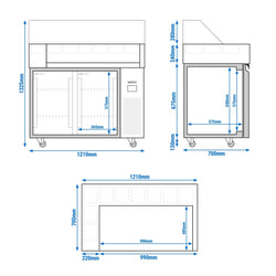 Stół chłodniczy sałatkowy Mini - 1210x700mm - 2‑drzwiowy - na 9x GN 1/6 - z nadstawką szklaną