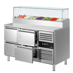 Stół chłodniczy sałatkowy PREMIUM - 1360x700mm - z 4 szufladami - na 7x GN 1/3 - z nadstawką szklaną