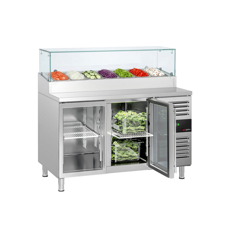 Stół chłodniczy sałatkowy PREMIUM - 1360x700mm - 2‑drzwiowy - ze szklanymi drzwiami - na 7x GN 1/3 - z nadstawką szklaną