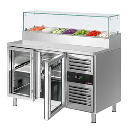 Stół chłodniczy sałatkowy PREMIUM - 1360x700mm - 2‑drzwiowy - ze szklanymi drzwiami - na 7x GN 1/3 - z nadstawką szklaną