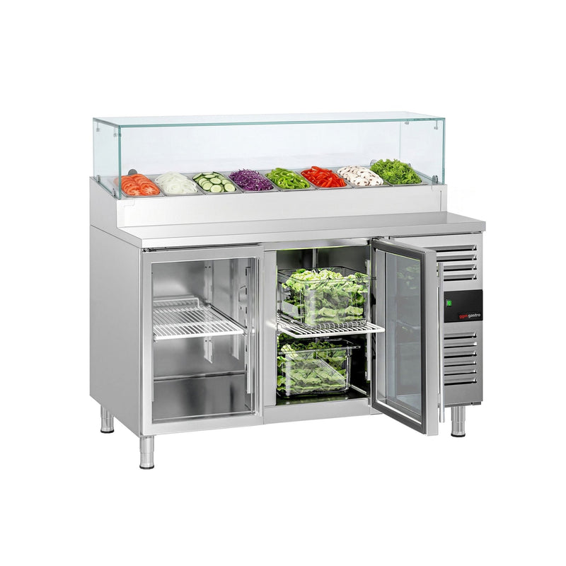 Stół chłodniczy sałatkowy PREMIUM - 1510x800mm - 2‑drzwiowy - ze szklanymi drzwiami - na 8x GN 1/3 - z nadstawką szklaną