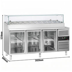 Stół chłodniczy sałatkowy PREMIUM - 2020x800mm - 3‑drzwiowy - przeszklony - na 10x GN 1/3 - z nadstawką szklaną