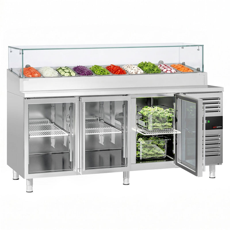 Stół chłodniczy sałatkowy PREMIUM - 2020x800mm - 3‑drzwiowy - przeszklony - na 10x GN 1/3 - z nadstawką szklaną
