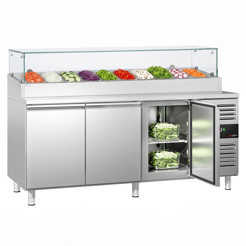 Stół chłodniczy sałatkowy PREMIUM - 2020x800mm - 3‑drzwiowy - na 10x GN 1/3 - z nadstawką szklaną