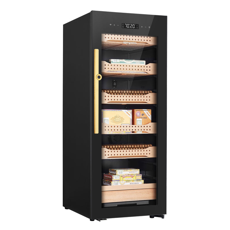 Szafka na cygara Humidor – 200 litrów – mieści do 1200 cygar – z szklanymi drzwiami i 6 szufladami – czarna
