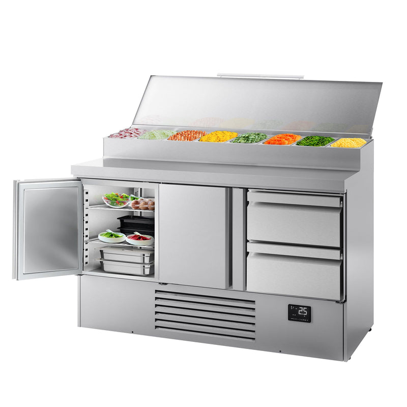 Stół chłodniczy sałatkowy Mini - 1460x700mm - z 1 parą drzwi i 2 szufladami - na 8x GN 1/4 - z pokrywą stalową