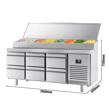 Stół chłodniczy do przygotowywania - 1960x600mm - z 6 szufladami - nadstawka ze stali nierdzewnej 11x GN 1/4 - Prime Gastro