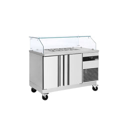 Stół sałatkowy PREMIUM – 1400 mm – 2 drzwi – z prostokątną szklaną nakładką na 6x GN 1/6