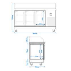 Commercial Saladette Counter PREMIUM - 1860mm - 3 doors - with square glass canopy for 8 x GN 1/6
