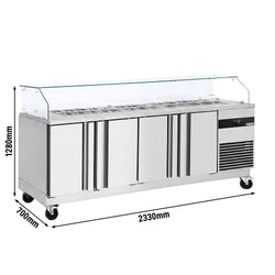 Stół sałatkowy PREMIUM – 2330 mm – 4 drzwi – z narożną szklaną nakładką na 10x GN 1/6