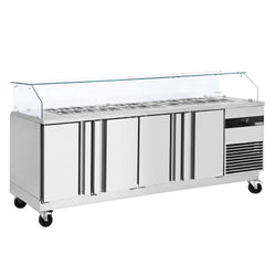 Stół sałatkowy PREMIUM – 2330 mm – 4 drzwi – z narożną szklaną nakładką na 10x GN 1/6