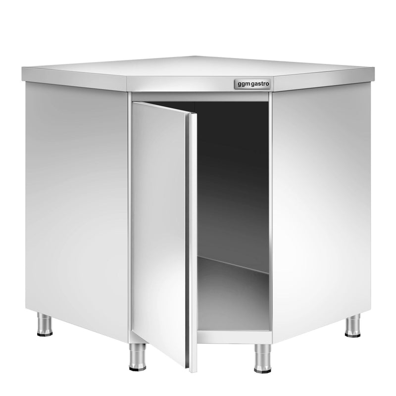 Szafka robocza narożna ze stali szlachetnej PREMIUM z drzwiami skrzydłowymi 1000 x 600 mm