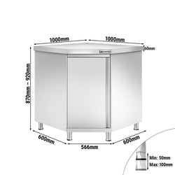 Szafka robocza narożna ze stali szlachetnej PREMIUM z drzwiami skrzydłowymi 1000 x 600 mm