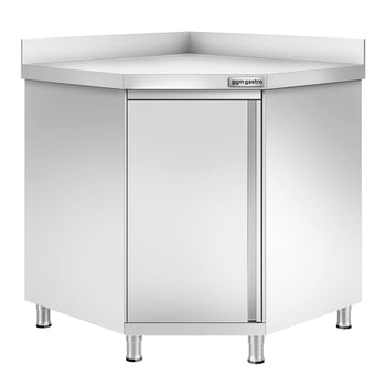 Narożna szafka robocza ze stali nierdzewnej PREMIUM z drzwiami na zawiasach i panelem tylnym 1150x800 mm - Prime Gastro