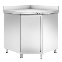Narożna szafka robocza ze stali nierdzewnej PREMIUM z drzwiami na zawiasach i panelem tylnym 1000x700 mm
