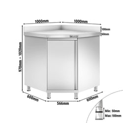 Stainless Steel Corner Floor Cupboard PREMIUM - 1000x1000mm - with Hinged Doors & Upstand