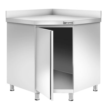 Narożna szafka robocza ze stali nierdzewnej PREMIUM z drzwiami na zawiasach i panelem tylnym 1150x800 mm - Prime Gastro