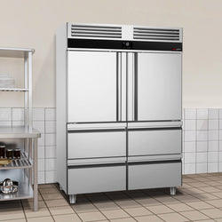 Szafa mroźnicza ze stali nierdzewnej PREMIUM - GN 2/1 - 1400L - 1400x810mm - 2 drzwi i 4 szuflady - chłodzenie wentylowane; LED