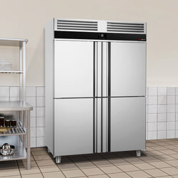 Szafa mroźnicza ze stali nierdzewnej PREMIUM - GN 2/1 - 1400L - 1400x810mm - 4 drzwi, przeszklona - chłodzenie wentylowane; samozamykające drzwi