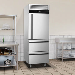 Szafa mroźnicza ze stali nierdzewnej PREMIUM - GN 2/1 - 700L - 700x810mm - 1 drzwi i 2 szuflady - chłodzenie wentylowane; samozamykające drzwi