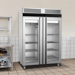 Szafa chłodnicza ze stali nierdzewnej PREMIUM - GN 2/1 - 1350L - 1400x810mm - 2 drzwi - chłodzenie wentylowane; samozamykające drzwi
