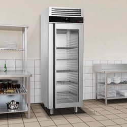 Lodówka | Szafa chłodnicza ze stali nierdzewnej PREMIUM - GN 2/1 - 650L - 700x810mm - 1 drzwi przeszklona - chłodzenie wentylowane; samozamykające drzwi