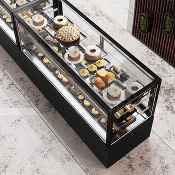 Witryna ekspozycyjna na ciasta MADRID - 1500 mm - z oświetleniem LED, kurtyną & 2 półkami - Czarna matowa - Prime Gastro