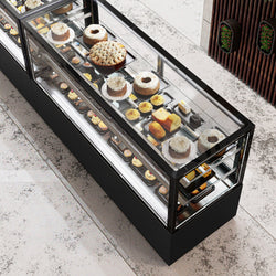 Witryna ekspozycyjna na ciasta MADRID - 1500 mm - z oświetleniem LED, kurtyną & 2 półkami - Czarna matowa