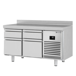 Stół chłodniczy Premium PLUS – 1468 x 600 mm – z 4 szufladami 1/3 i 2/3 – z rantem