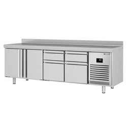 Stół chłodniczy PREMIUM PLUS - 2452x600mm - z 2 drzwiami - z 4 szufladami - z rantem
