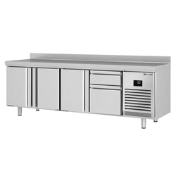 Stół chłodniczy PREMIUM PLUS - 2452x600mm - z 3 drzwiami - z 2 szufladami - z rantem