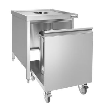 Kosz na śmieci - 50 litrów - z pojemnikiem na kółkach - otwór do wrzucania śmieci i wysuwana przednia część - stal nierdzewna - Prime Gastro