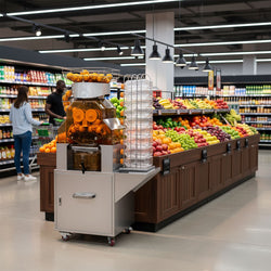 Elektryczna wyciskarka do pomarańczy - z automatycznym podawaniem owoców i kranikiem spustowym - srebrna