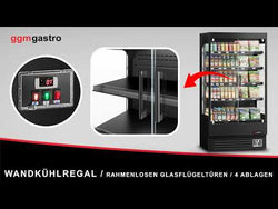 Wall-mounted refrigerated display case with swing door - 1585 mm - 693 l - with LED lighting, 2 hinged glass doors &amp; 4 shelves