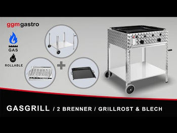 Grill gazowy – 10 kW – 2 palniki – wraz z mobilną podstawą, rusztem i blachą