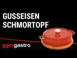 Żeliwny garnek do duszenia – 0,35 litra – średnica 100 mm – wysokość: 70 mm – kolor pomarańczowy – z pokrywką – przystosowany do indukcji