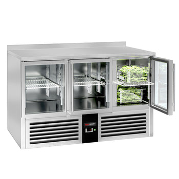 Stół chłodniczy PREMIUM - 1370x700 mm - 3 szklane drzwi & panel tylny - Prime Gastro