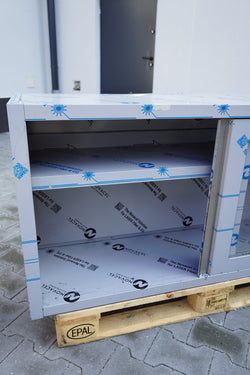 Szafka ścienna ze stali nierdzewnej - 1400x400 mm - z przesuwanymi szklanymi drzwiami - 650 mm wysokości